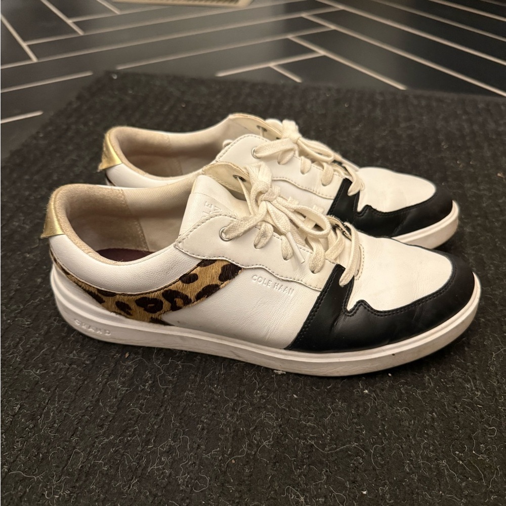 Cole Haan Women's White and Black Sneakers with Leopard Accent
